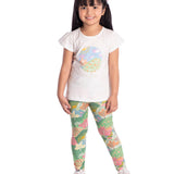 Conj. blusa manga curta off white + calça legging malha modal estampada