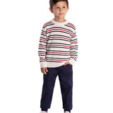 Conj. casaco tricô off white listras marinho e vermelho + calça bengaline marinho