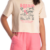 Conj. juvenil blusa manga curta bege + shorts rosa