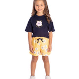 Conj. blusa manga curta marinho + shorts floral amarelo