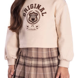 Conj. moletom bege colegial + shorts-saia flanelado xadrez