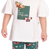 Conj. blusa manga borboleta off white + calça legging estampada verde