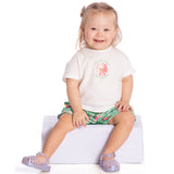 Conj. blusa manga curta off white + shorts estampado verde