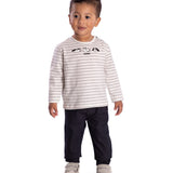 Conj. camiseta manga longa malha listrada fio tinto + calça sarja preta