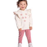 Conj. casaco moletom babados + calça legging malha canelada rosê
