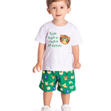 Conj. camiseta manga curta branca animais + bermuda tactel verde