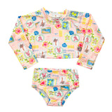 Conj. praia blusa cropped manga longa + calcinha selos rosa-claro