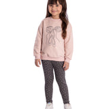 Conjunto casaco moletinho rosa + calça legging em malha jacquard
