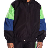 Conj. corta-vento casaco zíper + calça preta com verde e azul