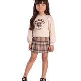 Conj. moletom bege colegial + shorts-saia flanelado xadrez