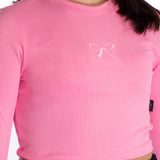 Blusa juvenil manga longa malha canelada rosa