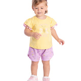Conj. blusa manga curta amarela pompons + shorts lilás abelhinha