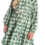 Vestido manga longa verde margaridas malha modal