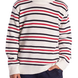 Conj. casaco tricô off white listras marinho e vermelho + calça bengaline marinho