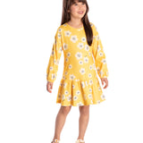 Vestido floral manga longa malha modal amarelo