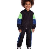 Conj. corta-vento casaco zíper + calça preta com verde e azul