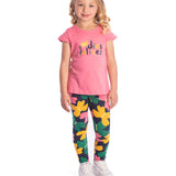 Conj. blusa manga curta rosa + calça legging borboletas coloridas