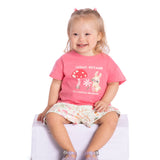 Conj. blusa manga curta rosa + shorts estampado bege