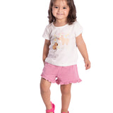 Conj. blusa manga curta off white capivara + shorts malva claro babadinhos