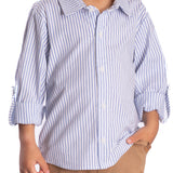 Conj. camisa manga longa fio tinto listrada azul e branca + calça bengaline cáqui