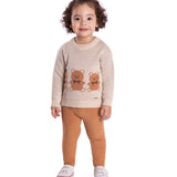 Conj. casaco tricô bege + legging malha canelada aveludada caramelo