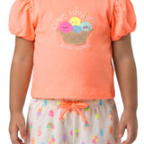 Conjunto infantil blusa malha laranja neon e shorts moletinho estampado sorvete