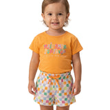 Conjunto infantil blusa malha laranja e shorts moletinho estampado cores