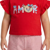 Conjunto infantil blusa malha vermelha e shorts tecido texturizado listrado vermelho