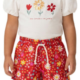 Conjunto infantil blusa malha off-white e shorts tactel estampado flores
