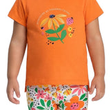 Conjunto infantil blusa malha laranja e calça legging cotton estampada floral