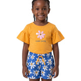 Conjunto infantil blusa malha amarela e shorts moletinho azul estampado flores