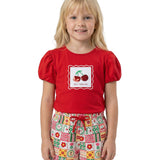 Conjunto infantil blusa malha vermelha e shorts moletinho estampado flores