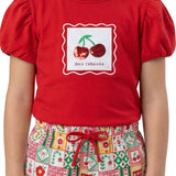 Conjunto infantil blusa malha vermelha e shorts moletinho estampado flores