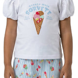 Conjunto infantil blusa malha branca e shorts moletinho estampado sorvete