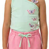 Conjunto infantil regata cotton verde e shorts moletinho rosa