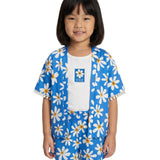 Conjunto infantil kimono e shorts malha estampada azul com flores