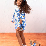 Conjunto infantil kimono e shorts malha estampada azul com flores