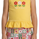 Conjunto infantil regata amarela e shorts-saia malha estampada flores