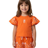 Conjunto infantil blusa e shorts malha laranja estampada abacaxis