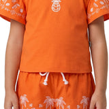 Conjunto infantil blusa e shorts malha laranja estampada abacaxis