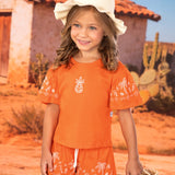 Conjunto infantil blusa e shorts malha laranja estampada abacaxis