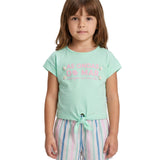 Conjunto infantil blusa malha acqua e shorts tecido ecológico listrado colorido