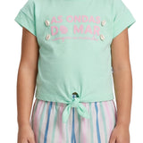 Conjunto infantil blusa malha acqua e shorts tecido ecológico listrado colorido