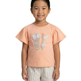 Conjunto infantil blusa malha salmão e shorts tecido ecológico listrado bege