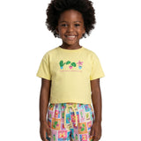 Conjunto infantil blusa malha amarela e shorts tactel com elastano estampado flores