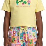 Conjunto infantil blusa malha amarela e shorts tactel com elastano estampado flores