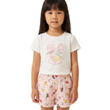 Conjunto infantil blusa malha off-white e shorts tactel com elastano estampado frutas