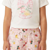 Conjunto infantil blusa malha off-white e shorts tactel com elastano estampado frutas