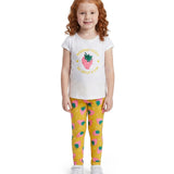 Conjunto infantil blusa malha off-white e legging cotton amarela estampada morangos