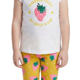 Conjunto infantil blusa malha off-white e legging cotton amarela estampada morangos